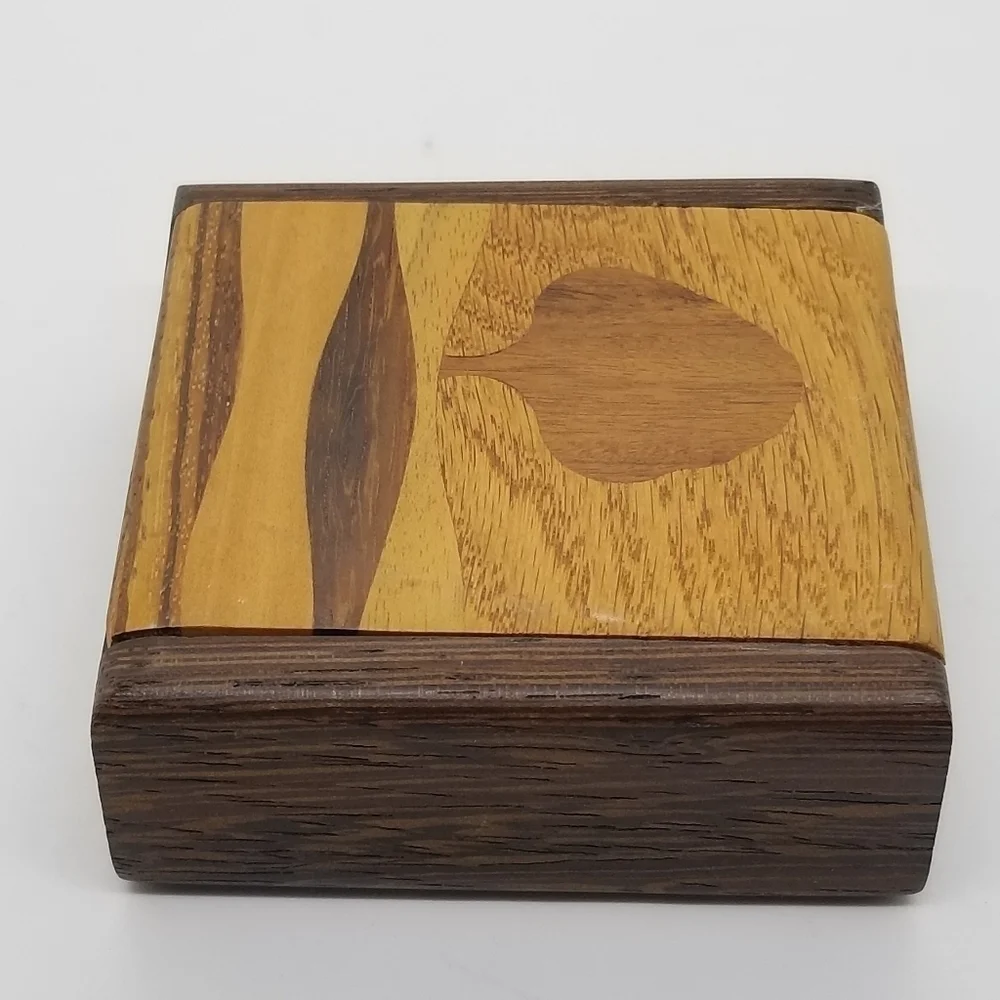 wooden inlay trinket box with tree imagery made in Canada